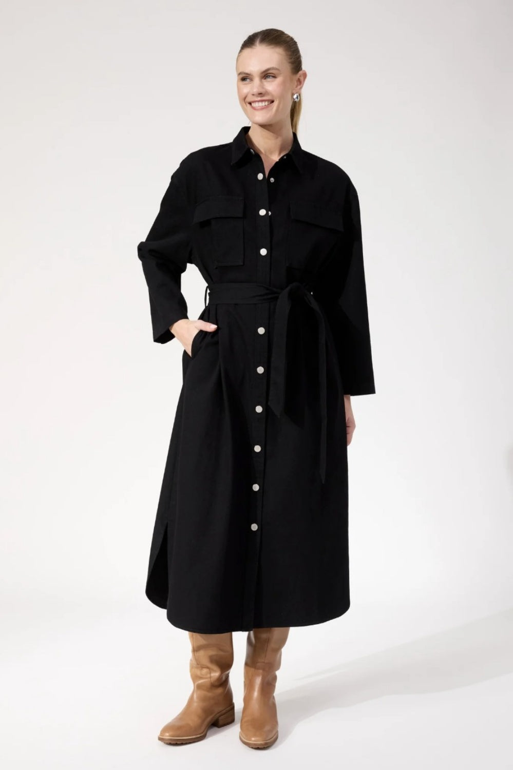 HAVEN DENVER DENIM SHIRT DRESS BLACK