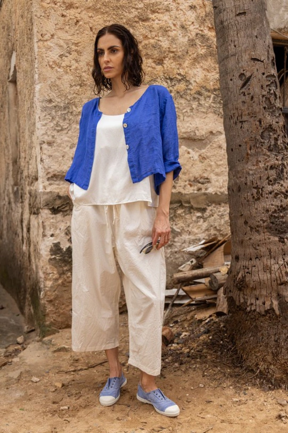MEG BY DESIGN DOTO JACKET GAUZE LINEN COBALT