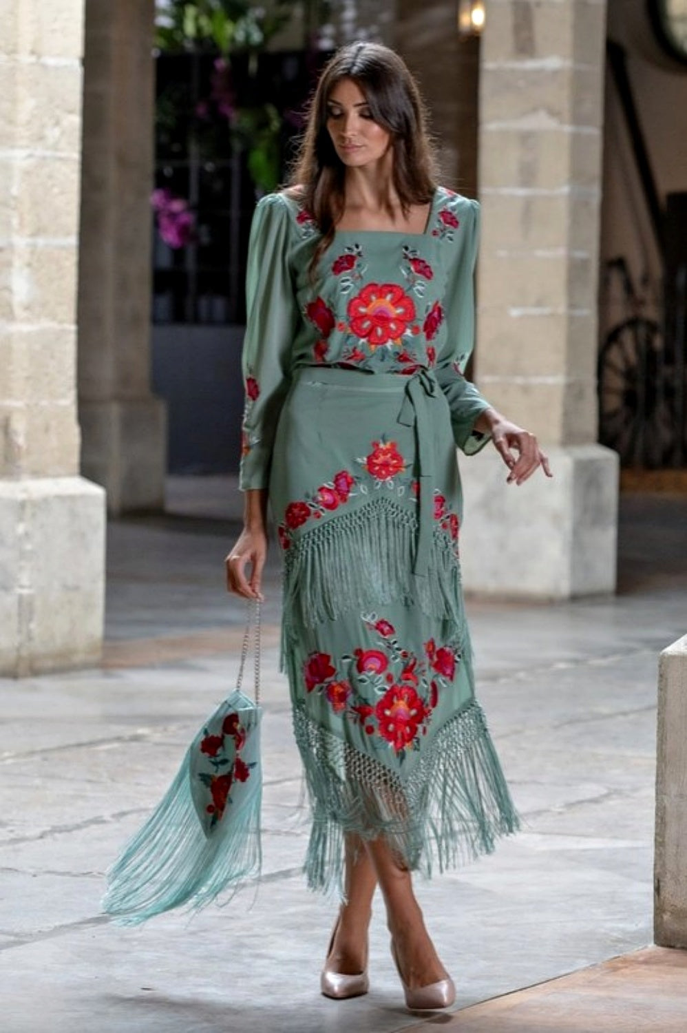 KAHYRA FLORENCE FRINGED SKIRT SAGE GREEN
