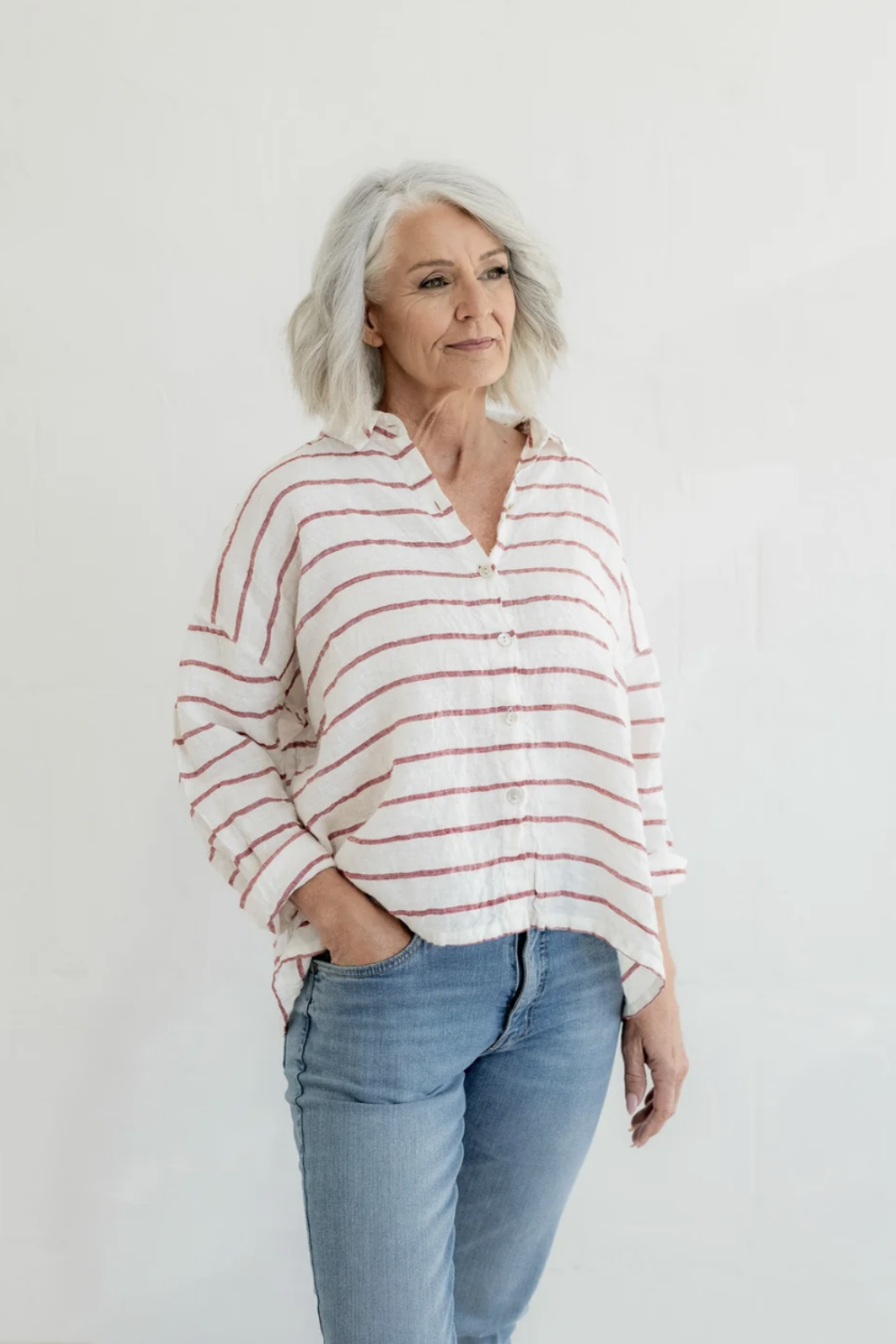 MEG BY DESIGN HAMILTON LINEN SHIRT RED NAUTICAL STRIPE