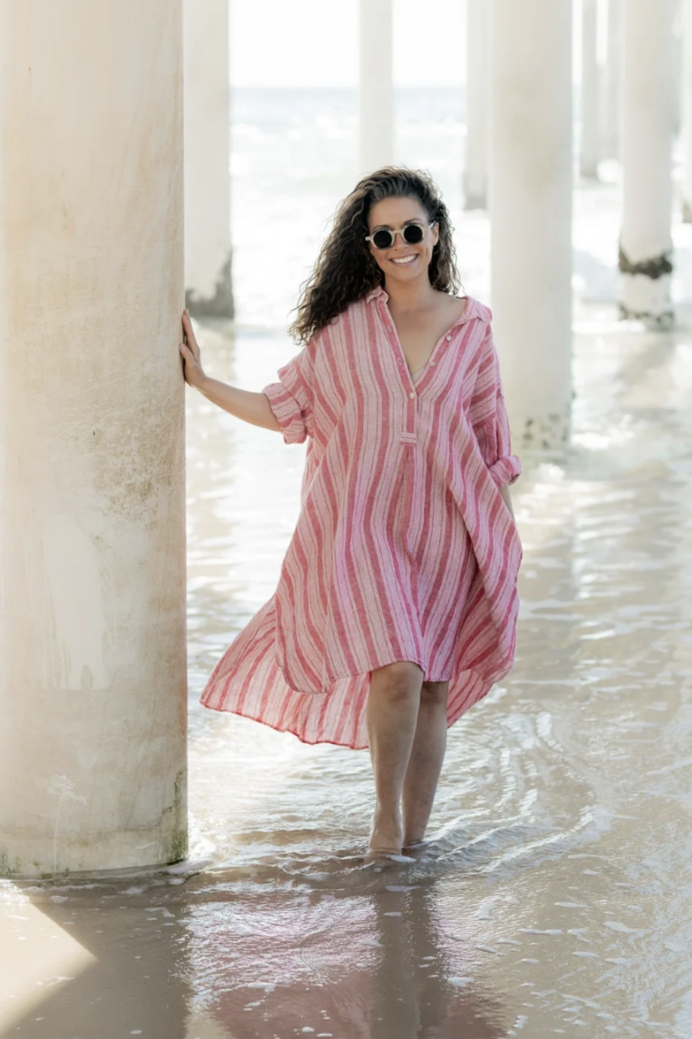 MEG BY DESIGN HARPER LINEN SHIRT RED TICKING