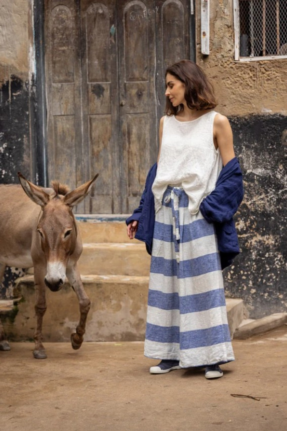 MEG BY DESIGN HARRIET TROUSER LINEN BLUE STRIPE
