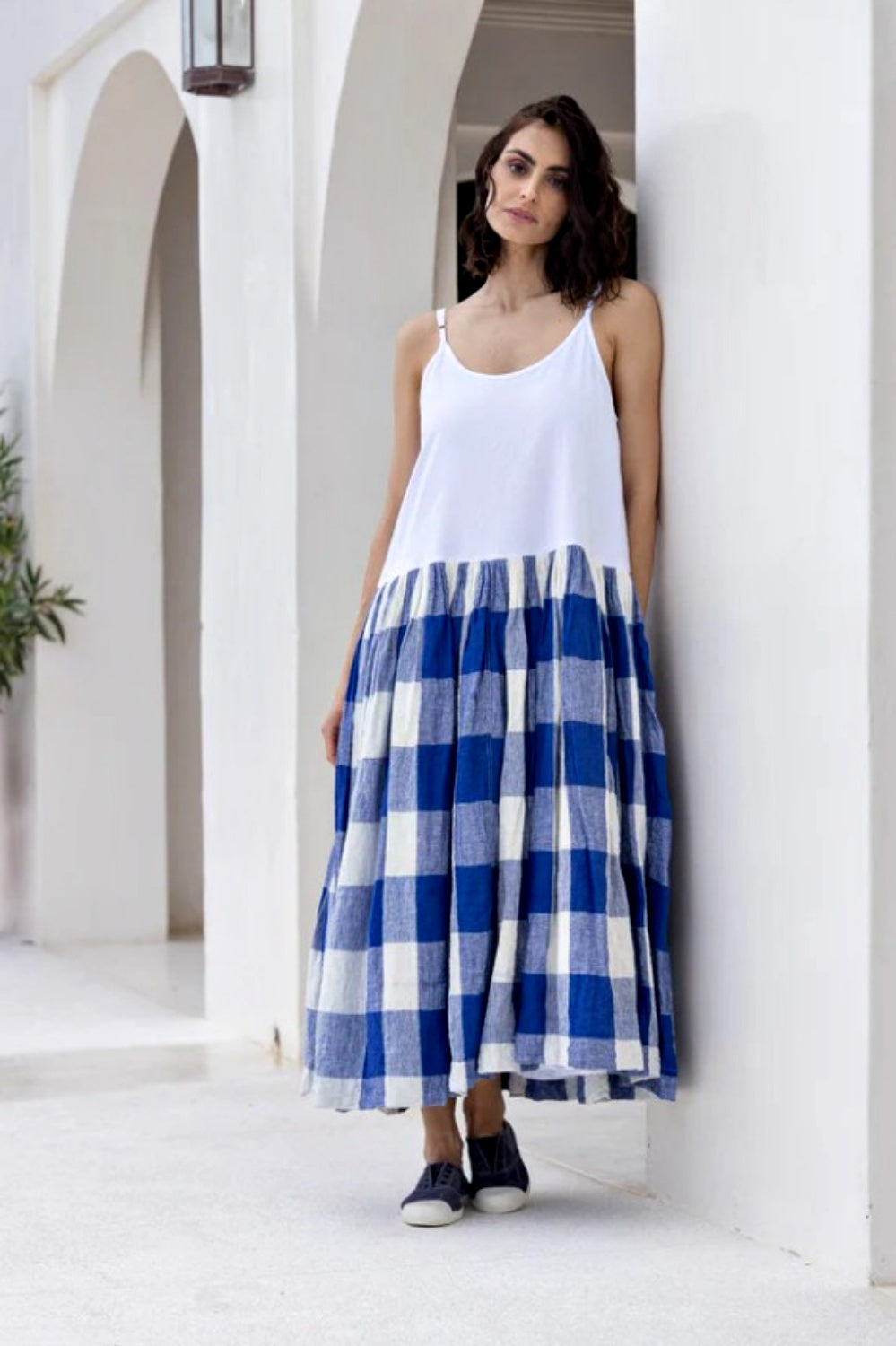 MEG BY DESIGN HIGH TEA SLIP LINEN BLUE CHECK