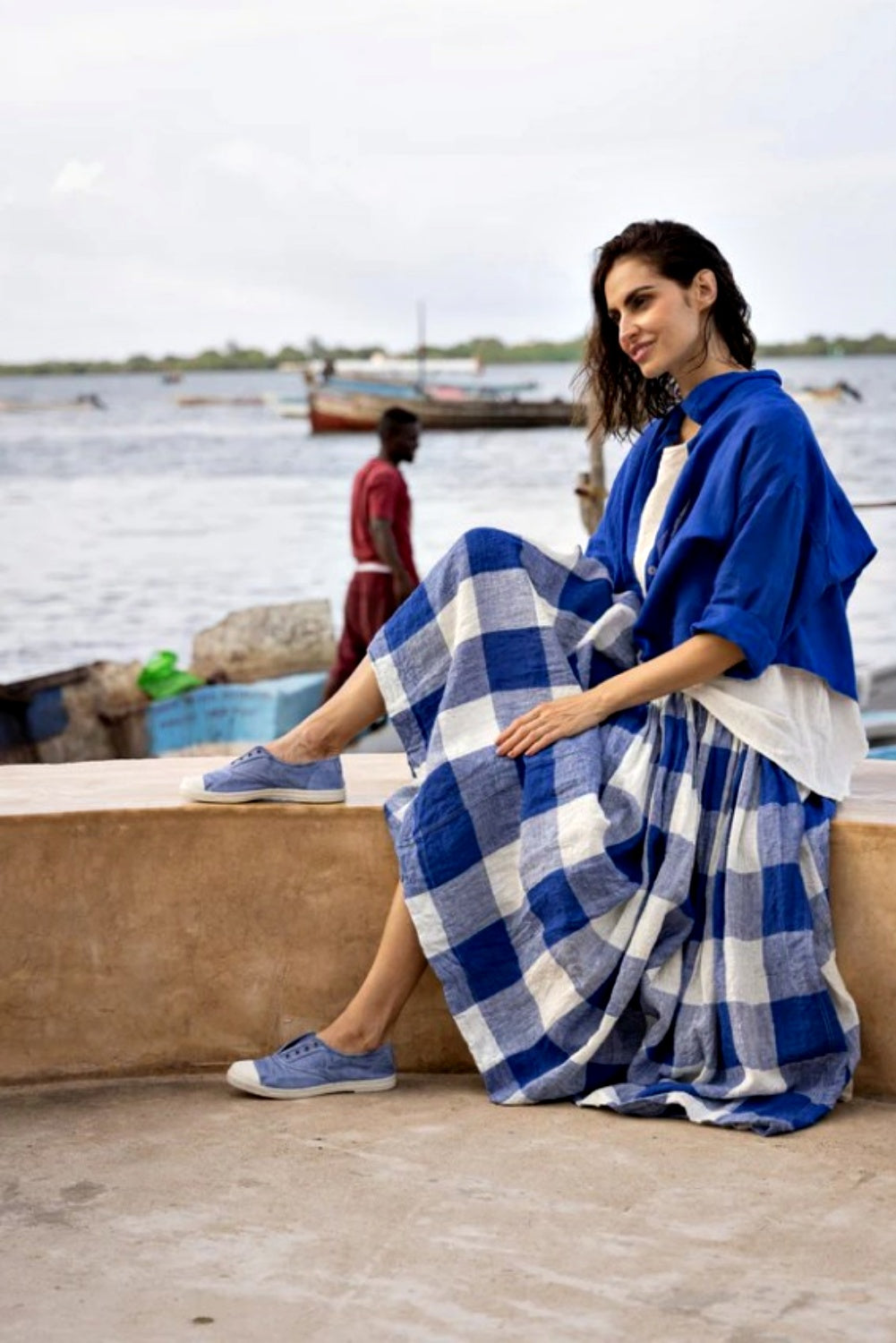 MEG BY DESIGN HIGH TEA SLIP LINEN BLUE CHECK