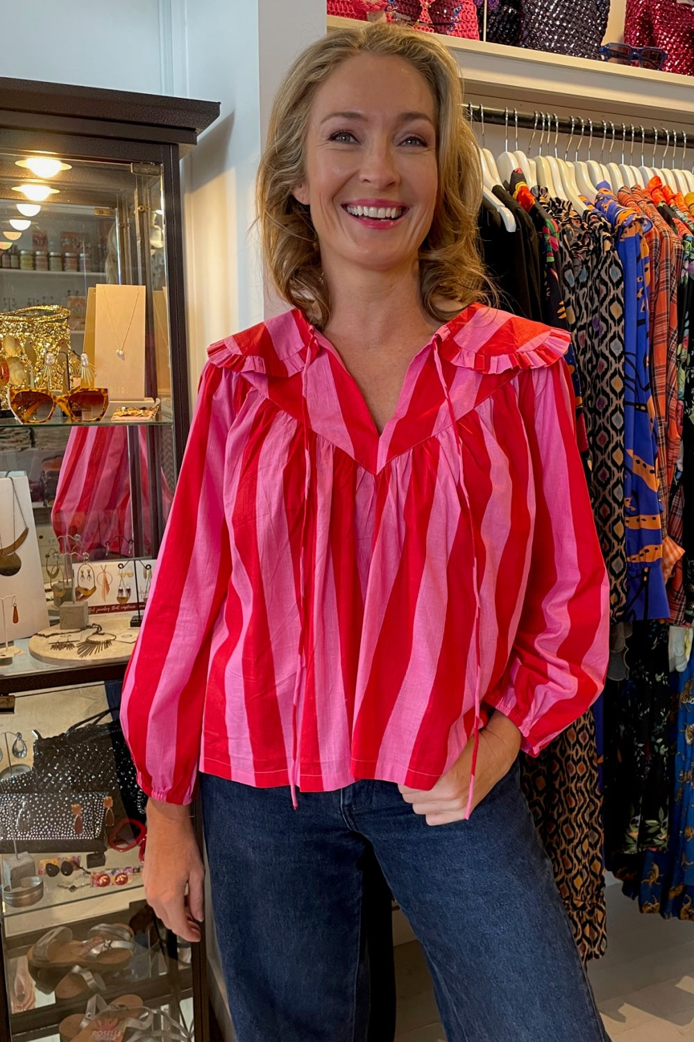 ROSELLE LALA BLOUSE BIG STRIPE PINK + RED