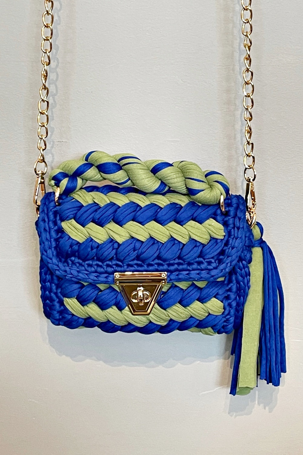 KNIT ONE PEARL ONE BAG BLUE + GREEN