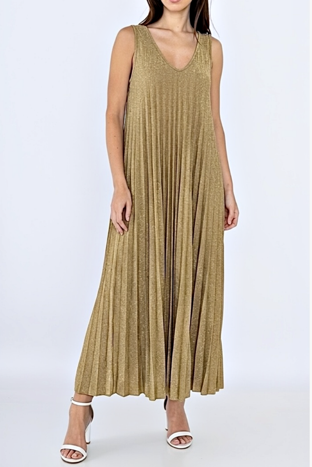 JUBILEE PLEATED LUREX MAXI DRESS GOLD