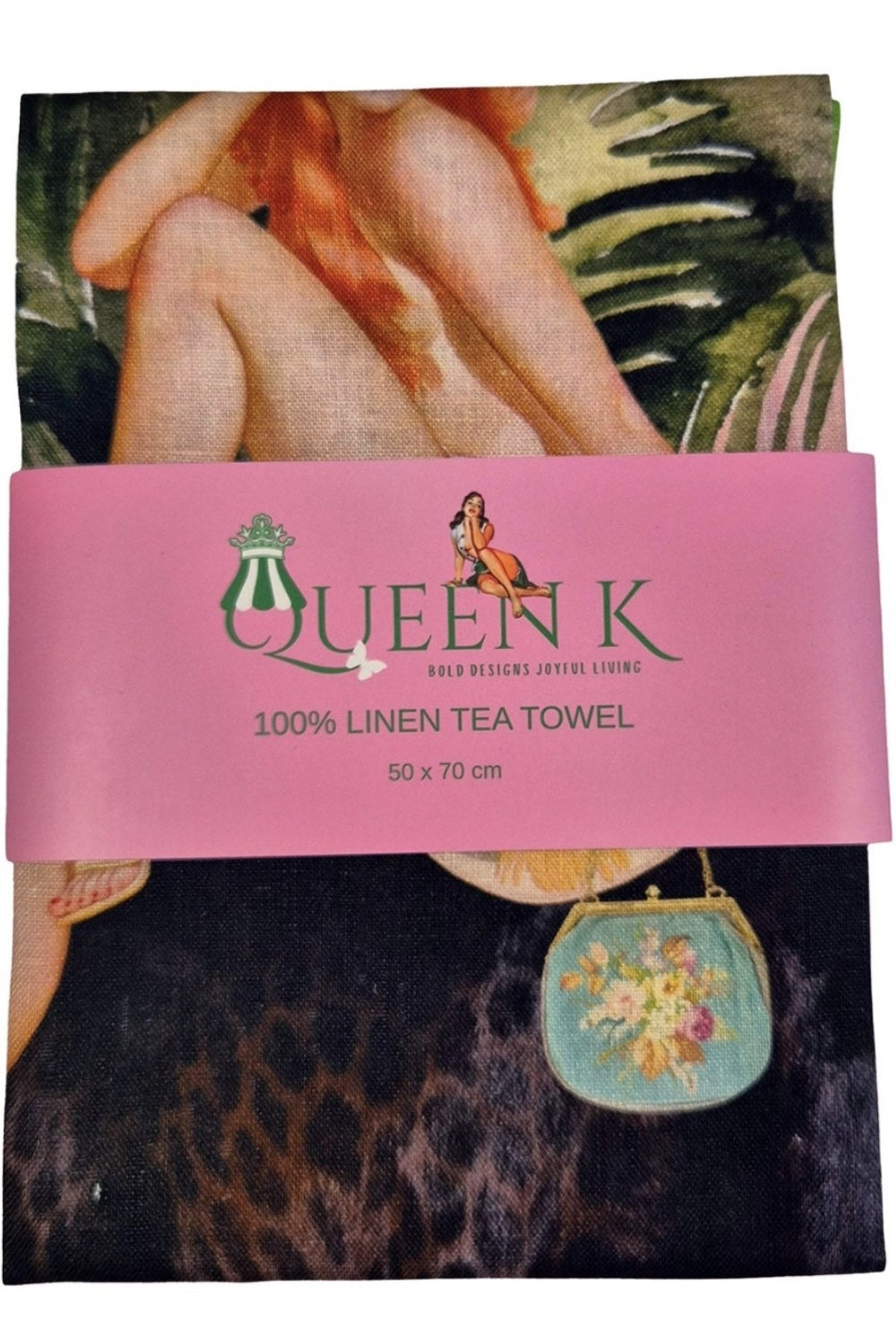 QUEEN K JUNGLE WALK PINK WILD RETRO 100% LINEN TEA TOWEL