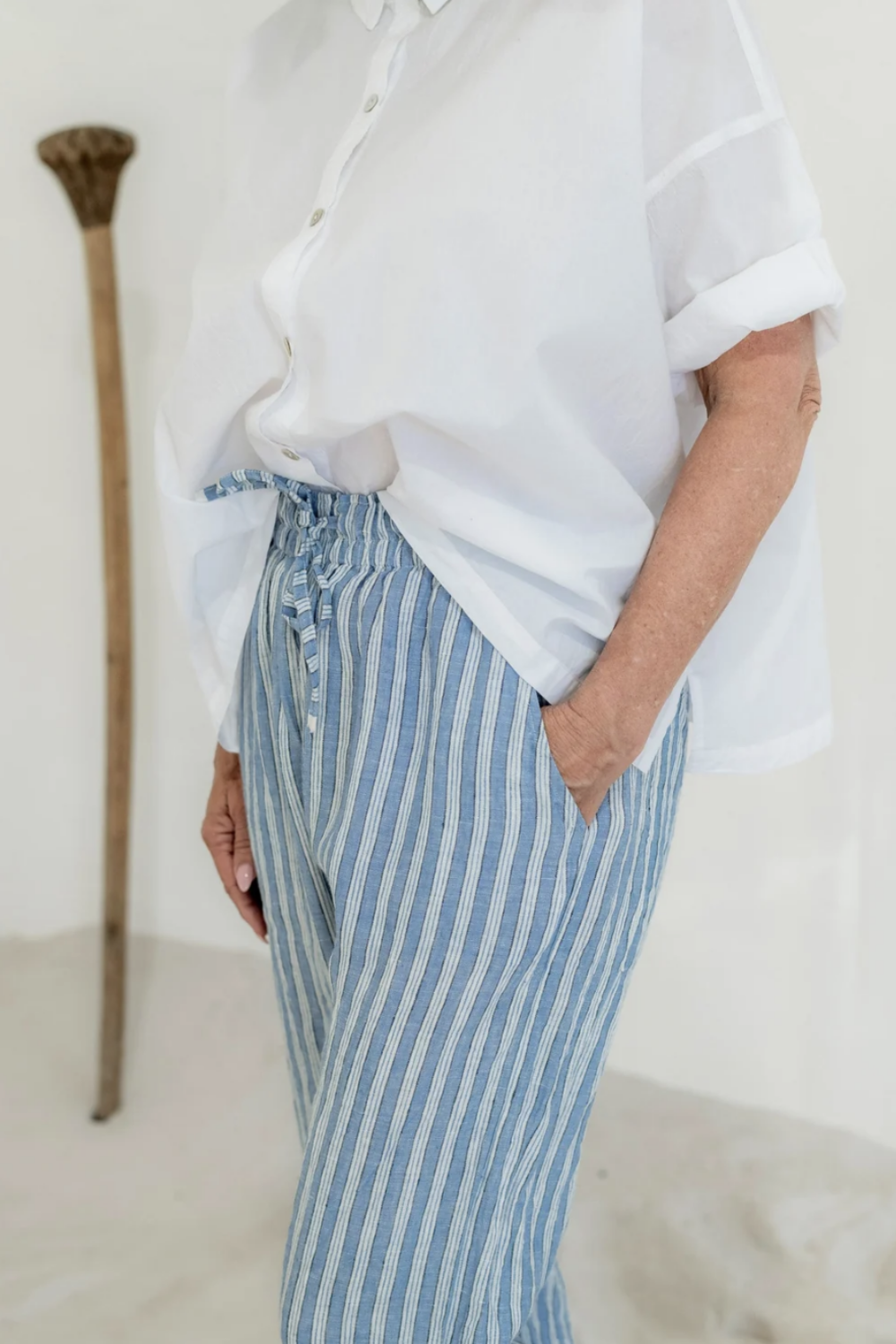 MEG BY DESIGN KIRRA LINEN PANT BLUE PINSTRIPE