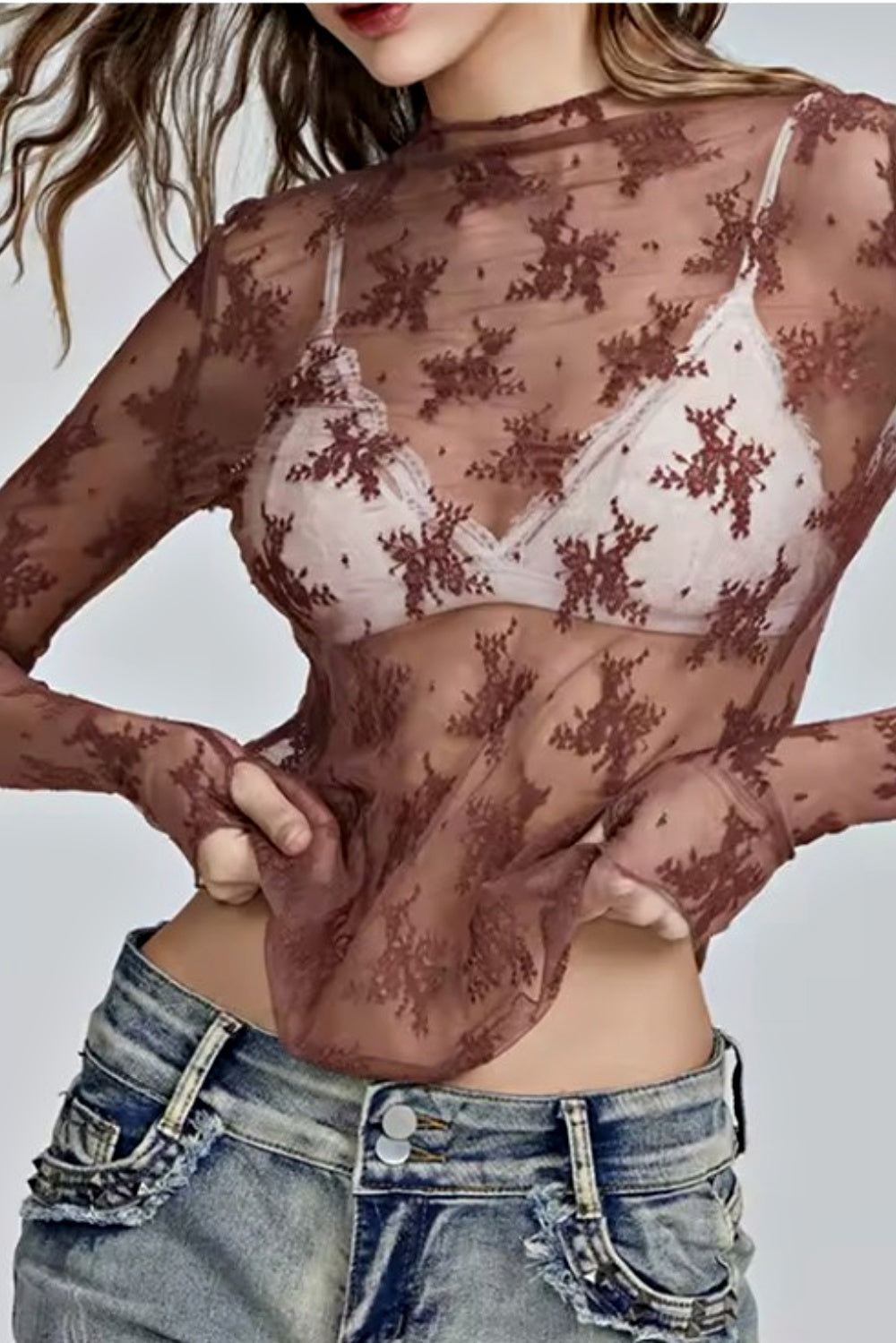 STRETCH LACE LAYERING TOP COCOA