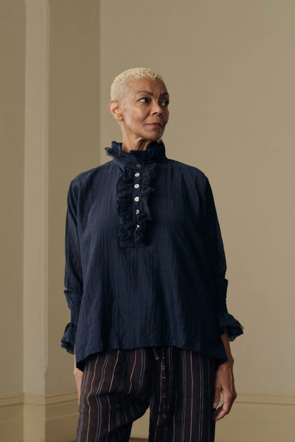 MEG BY DESIGN ODILE SILK COTTON BLOUSE NAVY