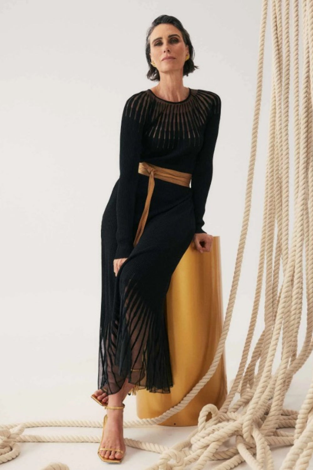 ONCE WAS RHIANNON VISCOSE NYLON SHEER NECKLINE DETAIL KNIT DRESS BLACK