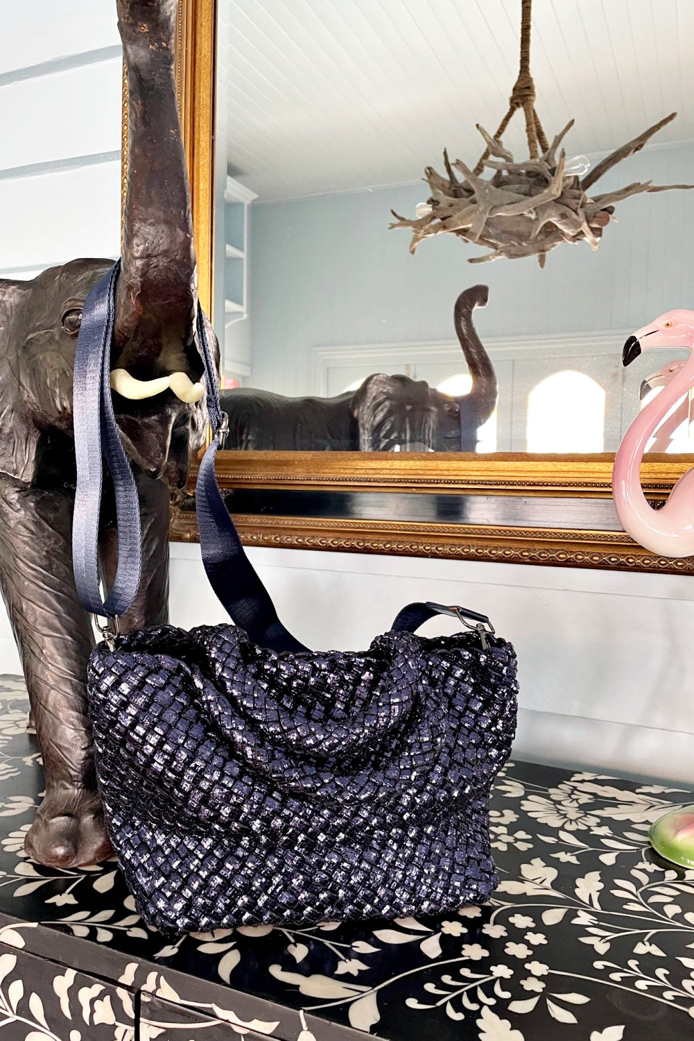 ROSELLE AGNES METALLIC WOVEN NEOPRENE TOTE NAVY