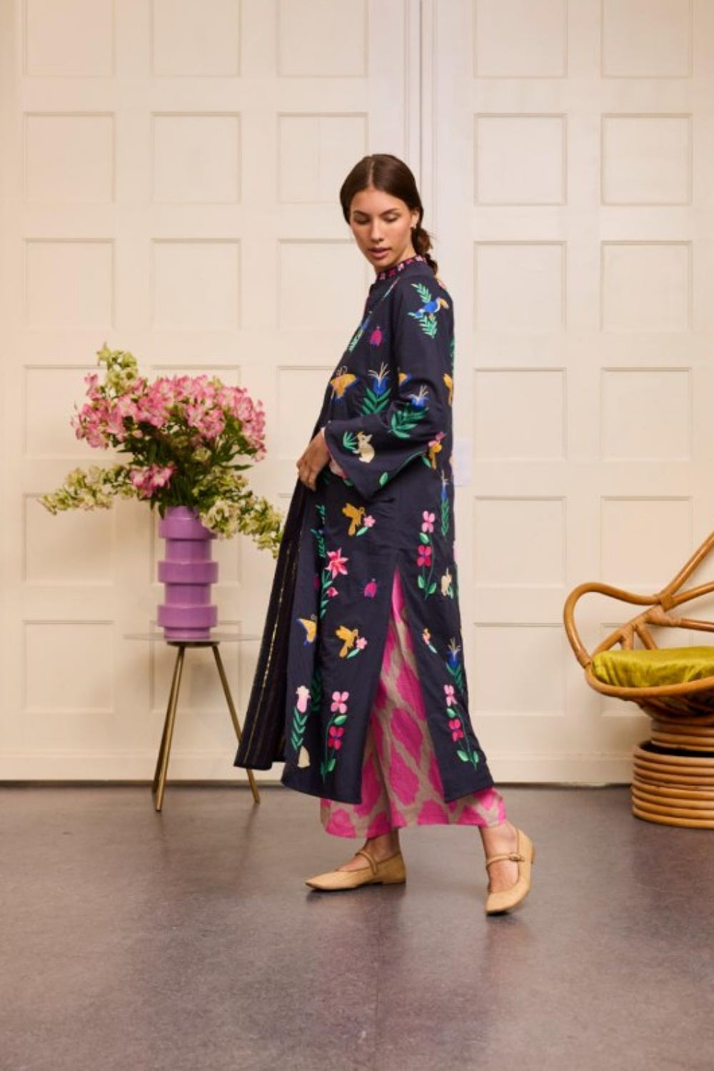 NIMO WITH LOVE CHILI PEPPER COAT WITH MEXICAN EMBROIDERY NAVY