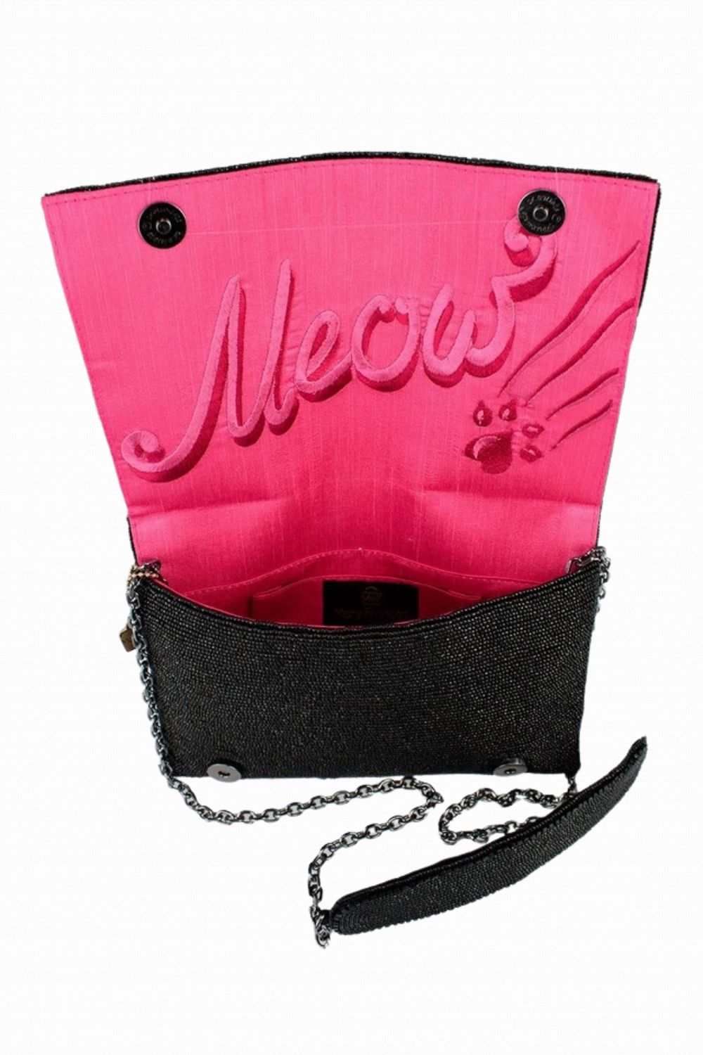 MARY FRANCES KITTY COUTURE BLACK + PINK BEADED CAT CROSSBODY HANDBAG