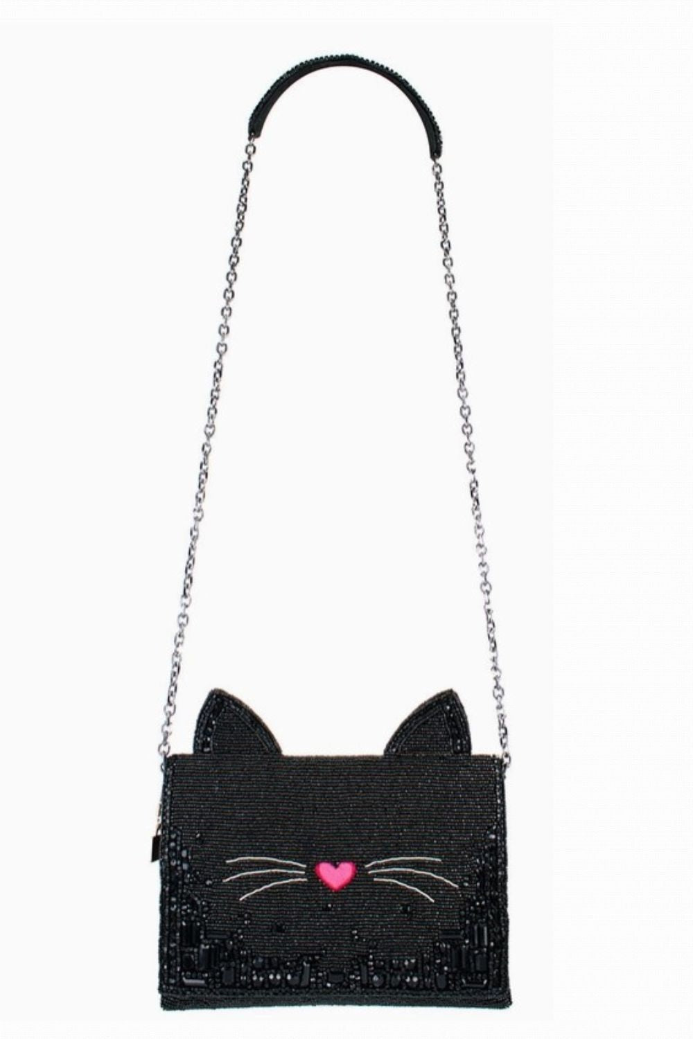 MARY FRANCES KITTY COUTURE BLACK + PINK BEADED CAT CROSSBODY HANDBAG