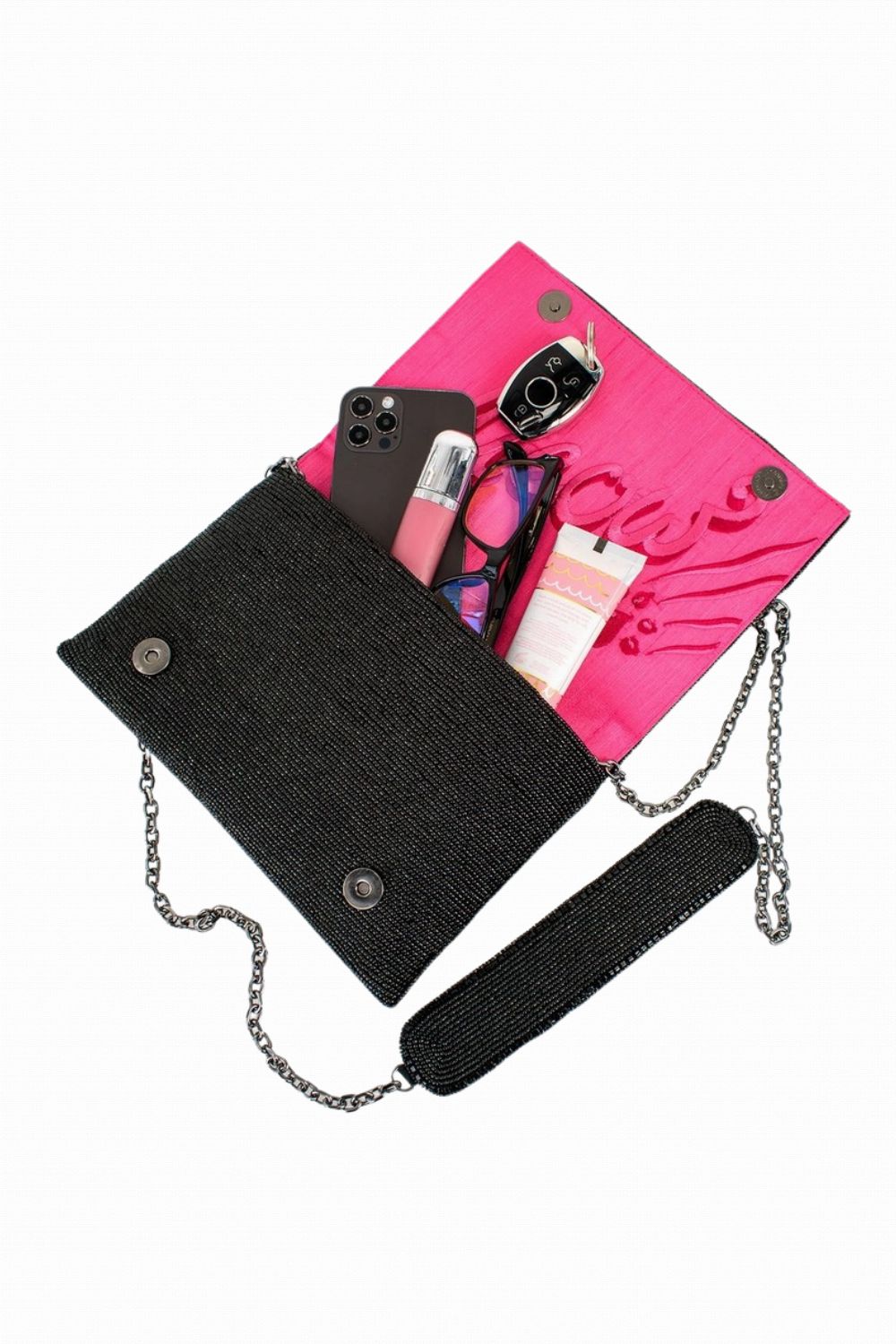 MARY FRANCES KITTY COUTURE BLACK + PINK BEADED CAT CROSSBODY HANDBAG