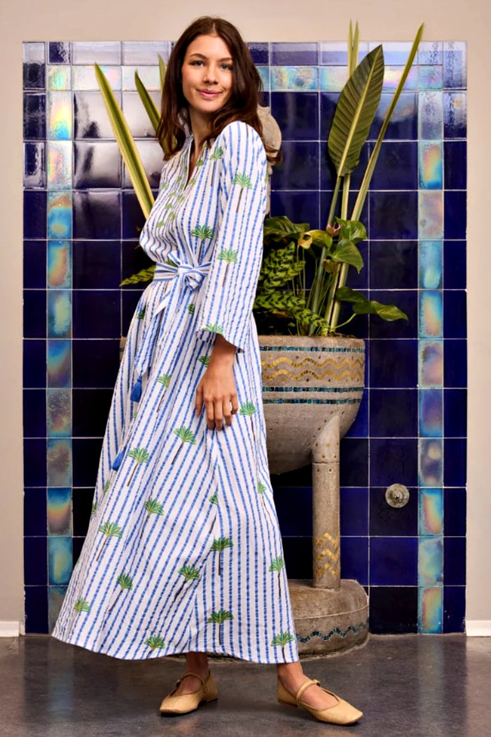 NIMO WITH LOVE LEMON DRESS IN BLUE PALM STRIPE