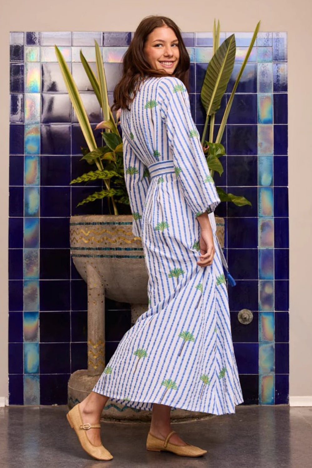 NIMO WITH LOVE LEMON DRESS IN BLUE PALM STRIPE