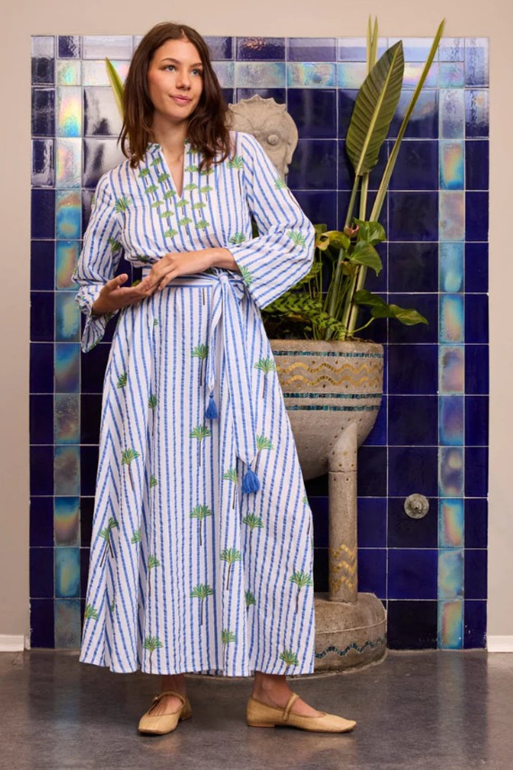 NIMO WITH LOVE LEMON DRESS IN BLUE PALM STRIPE