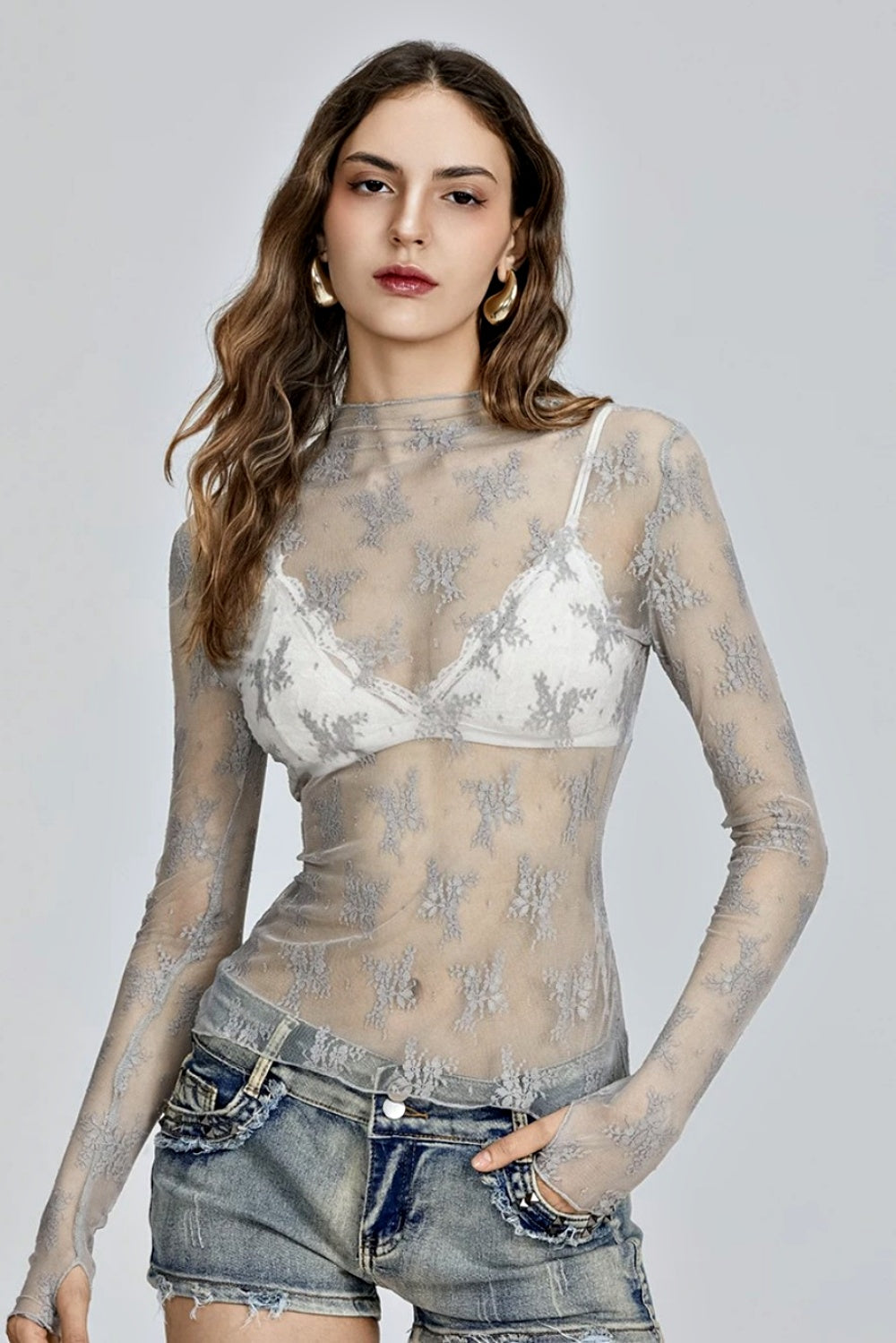 STRETCH LACE LAYERING TOP BLACK GREY