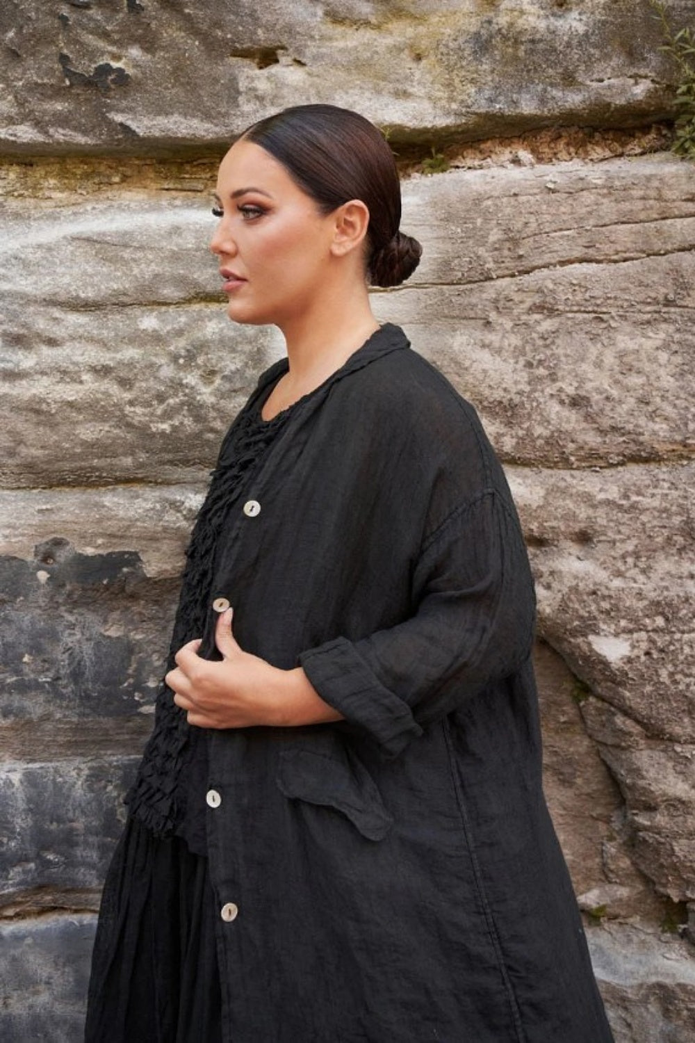 MEG BY DESIGN PIAF COAT GAUZE LINEN BLACK
