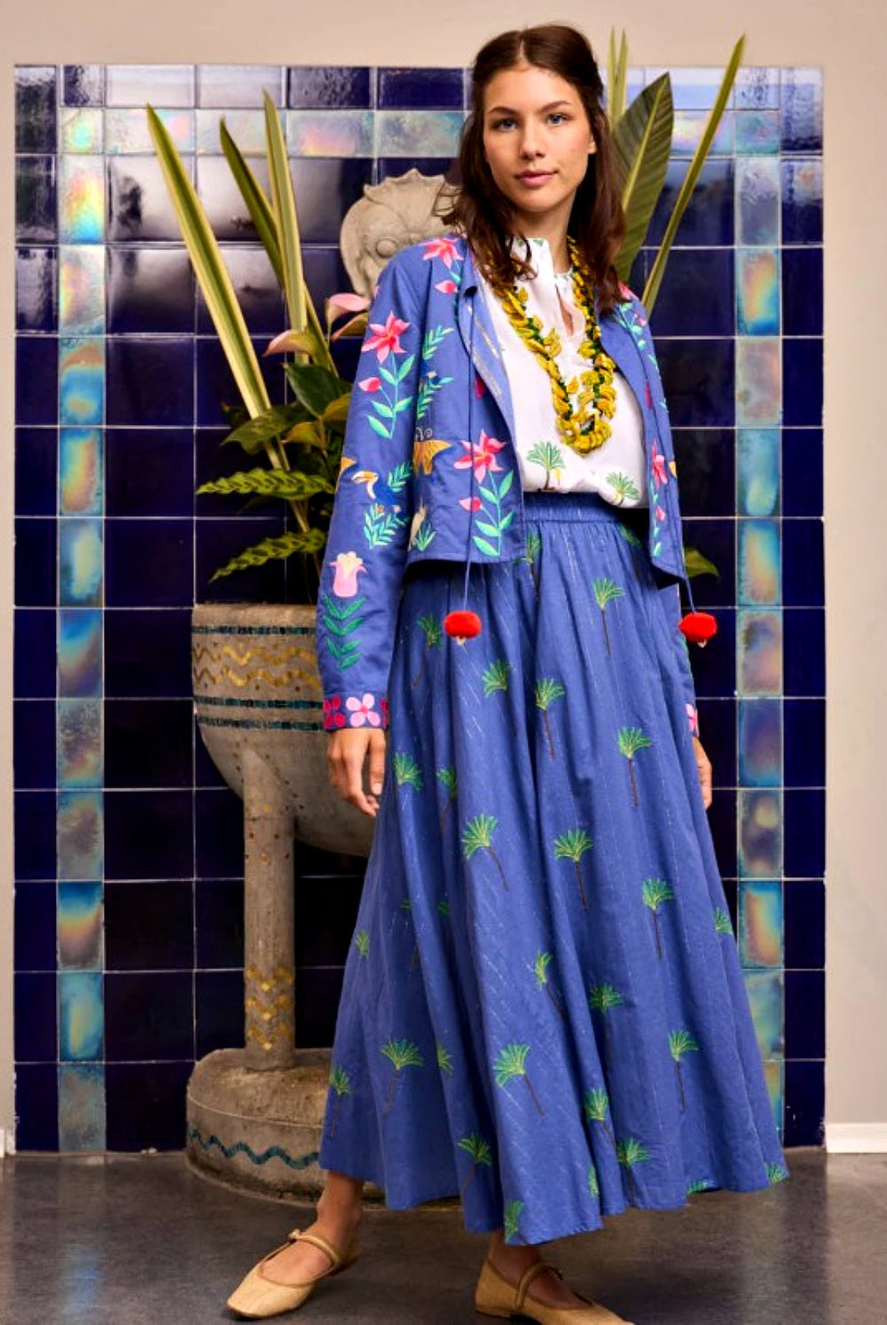 NIMO WITH LOVE PINE JACKET WITH MEXICAN STYLE EMBROIDERY BLUE