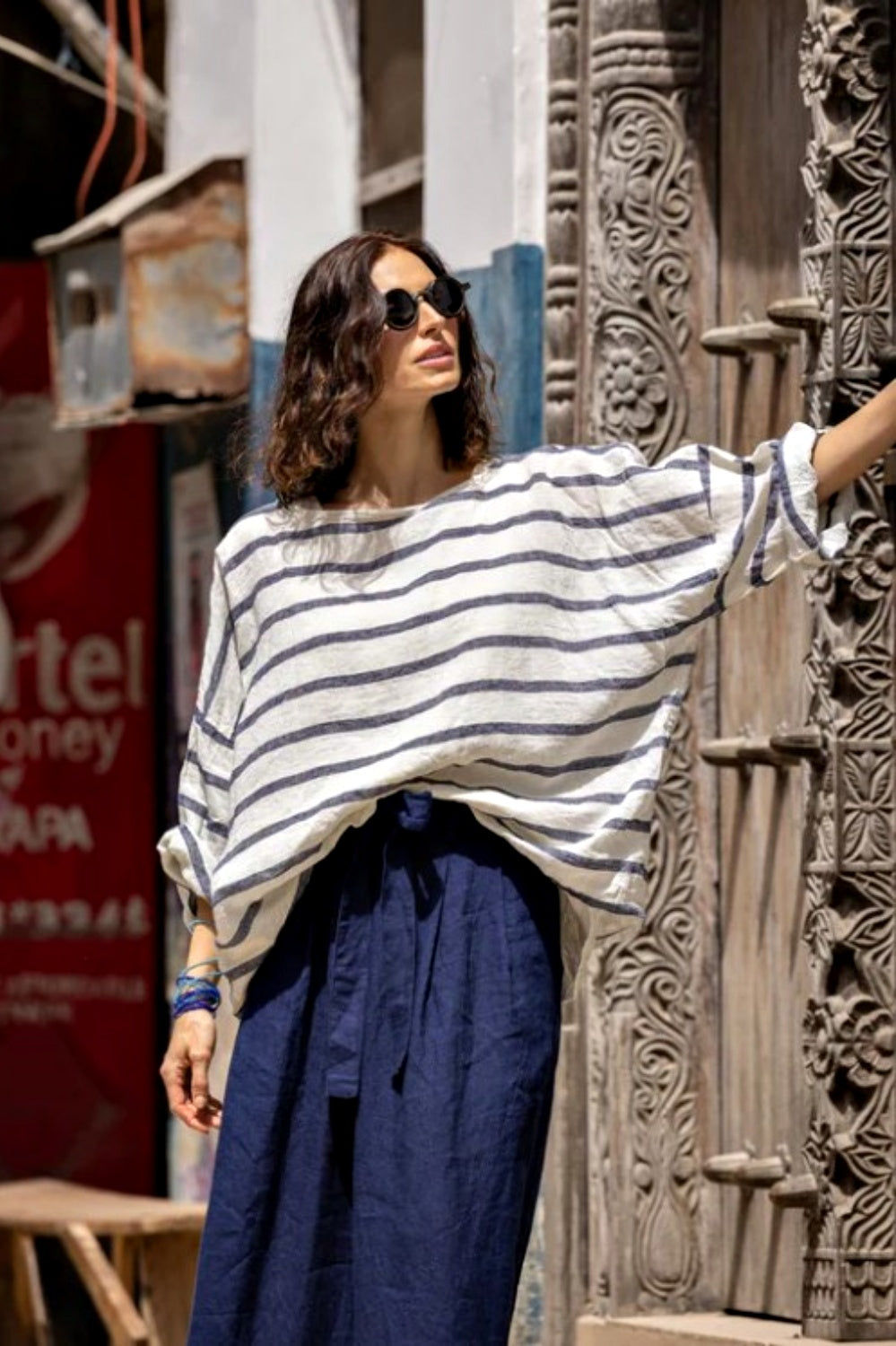 MEG BY DESIGN SABA LINEN TOP NAUTICAL STRIPE