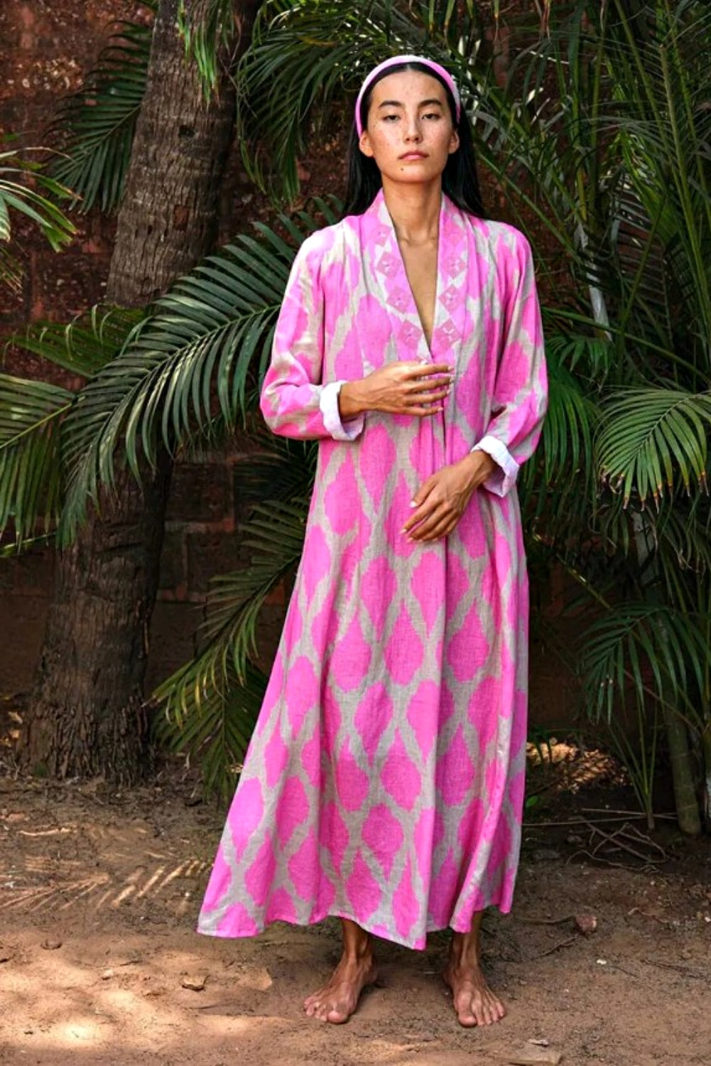 NIMO WITH LOVE SANDALWOOD DRESS IN IKAT PINK LINEN