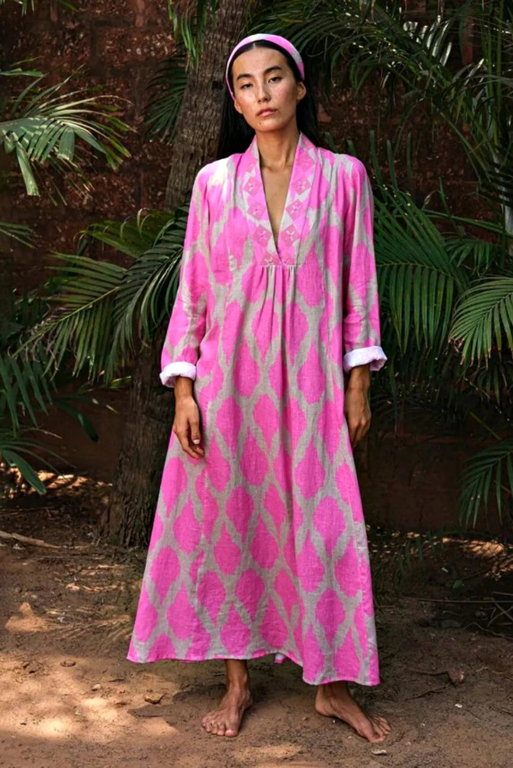 NIMO WITH LOVE SANDALWOOD DRESS IN IKAT PINK LINEN