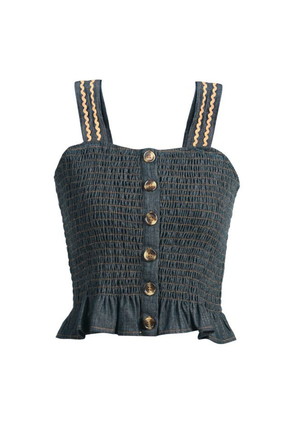 EMILY LOVELOCK IVY BLUE DENIM SHIRRED TOP