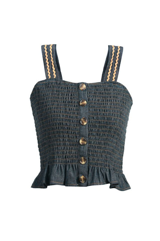 EMILY LOVELOCK IVY BLUE DENIM SHIRRED TOP
