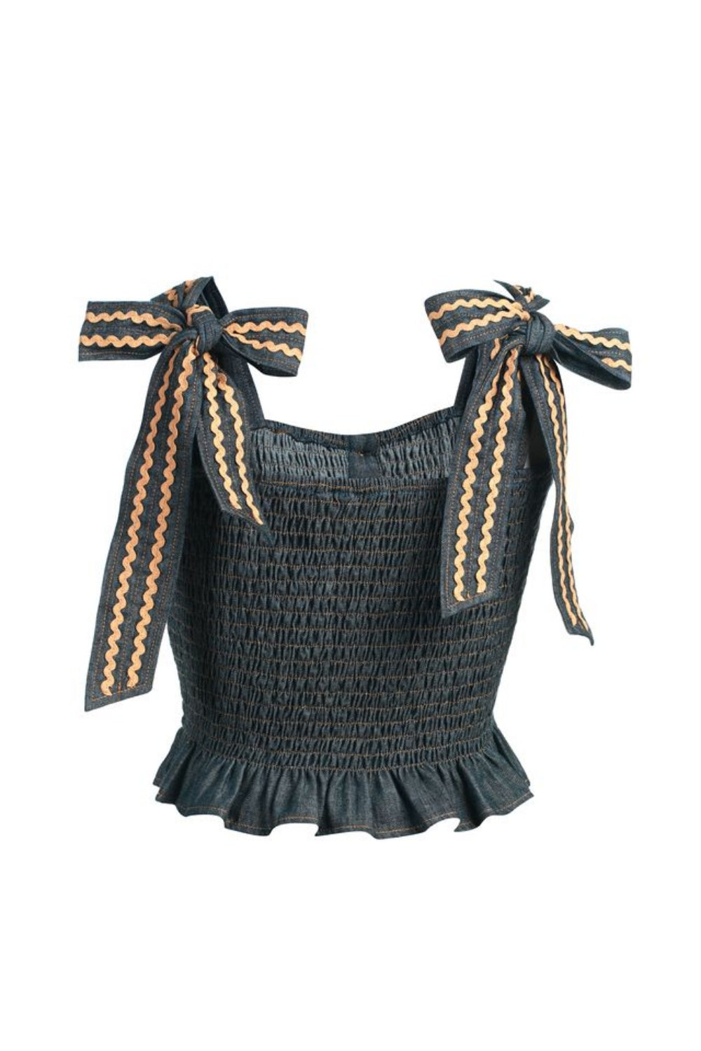 EMILY LOVELOCK IVY BLUE DENIM SHIRRED TOP