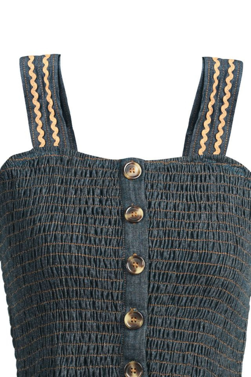 EMILY LOVELOCK IVY BLUE DENIM SHIRRED TOP