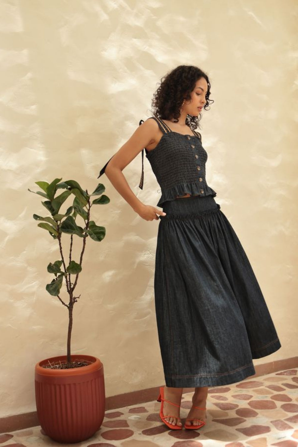 EMILY LOVELOCK MABEL BLUE DENIM MIDI SKIRT
