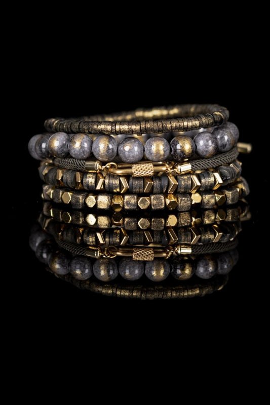 THE DARK ASH + GOLD AUTHROITY BEAD STACK BRACELET SET
