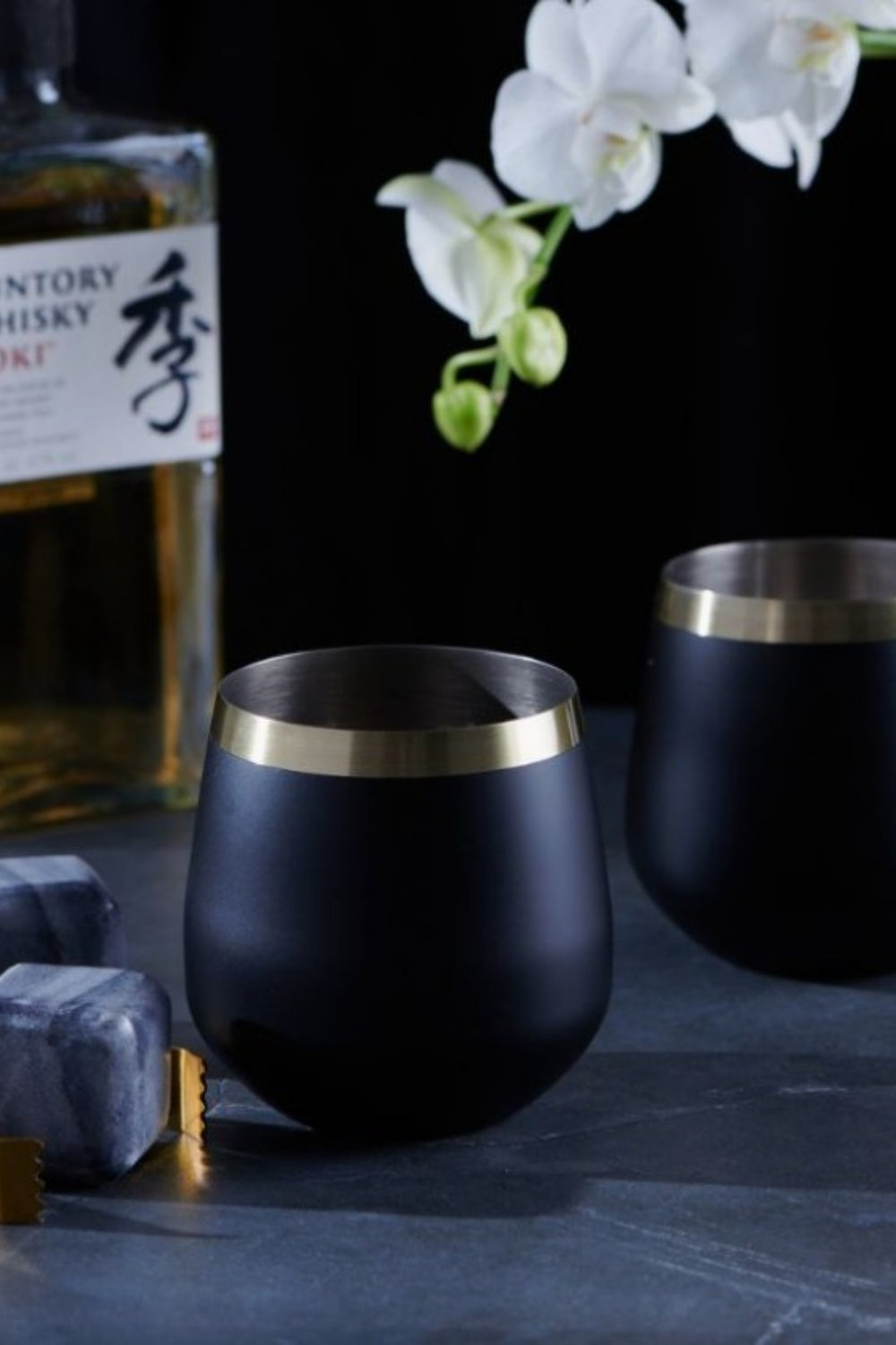 BRASS + BLACK WHISKY GLASSES SET OF 2