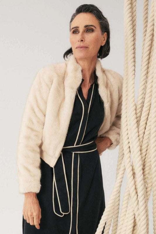 ONCE WAS CHRYSTA FAUX FUR RIBBED DETAIL BOMBER JACKET