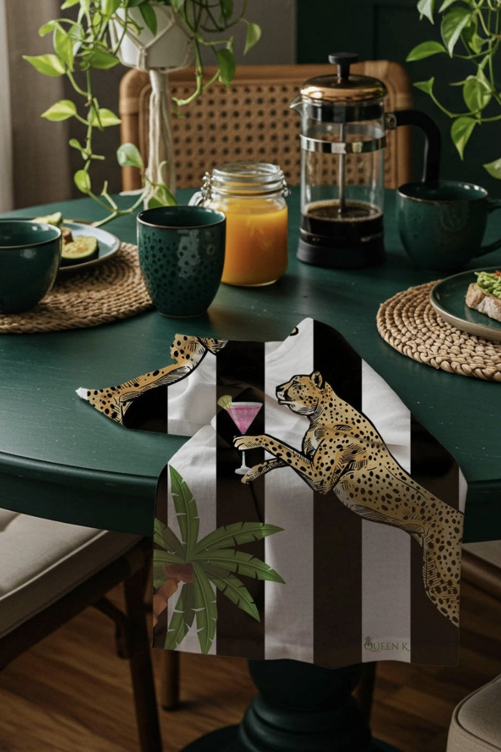 QUEEN K COCKTAIL CHEETAH BLACK + WHITE 100% LINEN TEA TOWEL