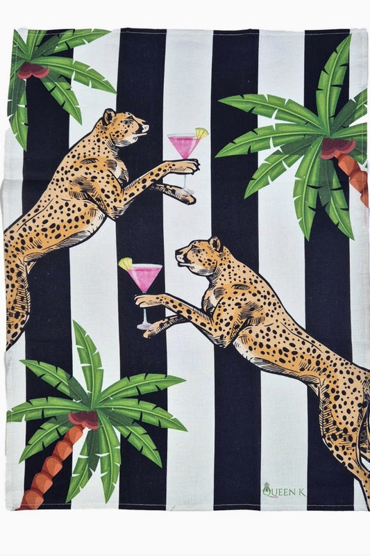 QUEEN K COCKTAIL CHEETAH BLACK + WHITE 100% LINEN TEA TOWEL