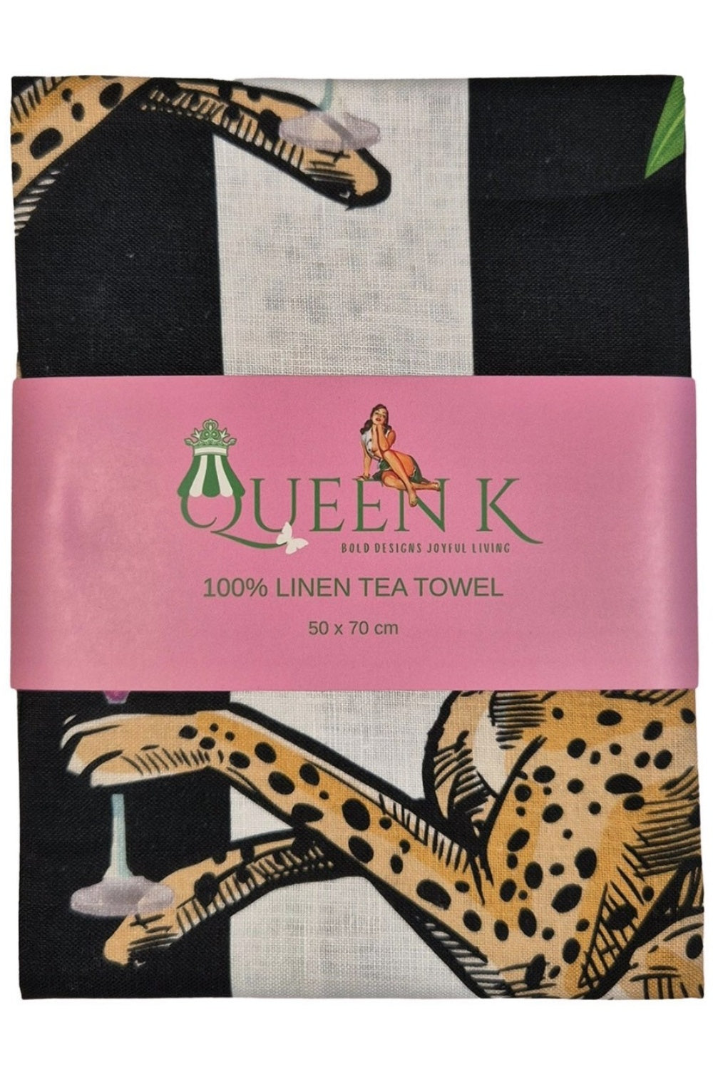 QUEEN K COCKTAIL CHEETAH BLACK + WHITE 100% LINEN TEA TOWEL