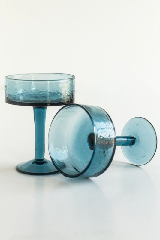 CREATIVE WOMEN HANDBLOWN HAMMERED COUPE COCKTAIL GLASS BLUE