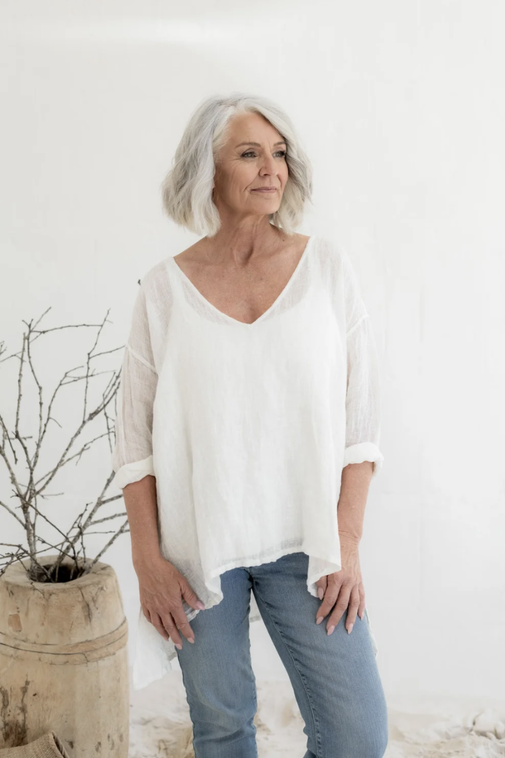 MEG BY DESIGN LINEN GAUZE COLLIE TOP CREAM