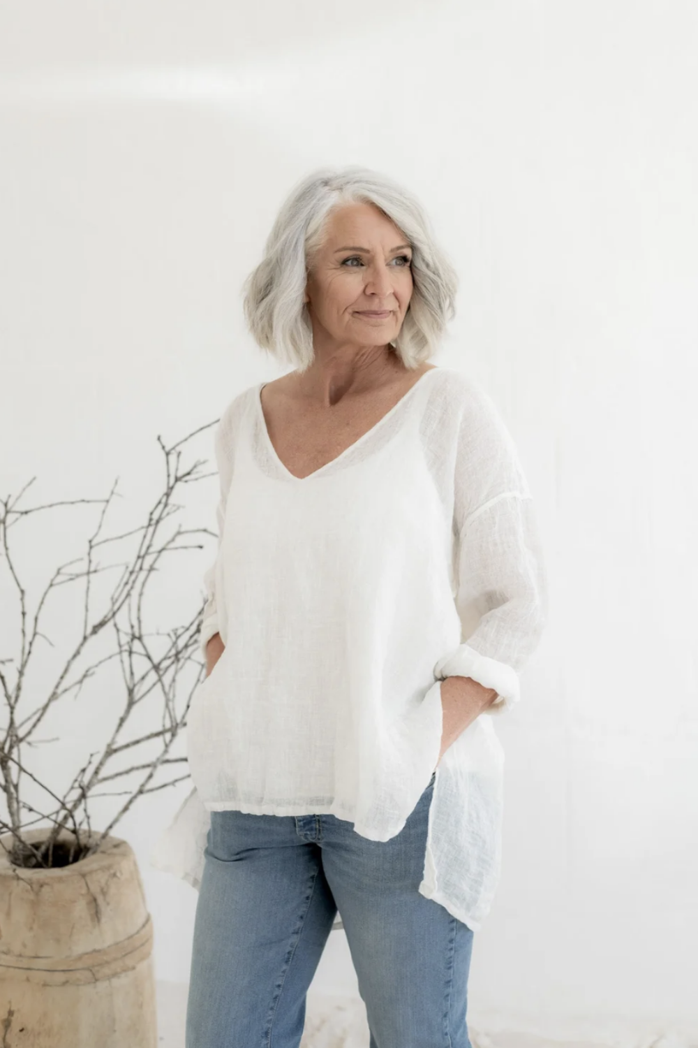 MEG BY DESIGN LINEN GAUZE COLLIE TOP CREAM