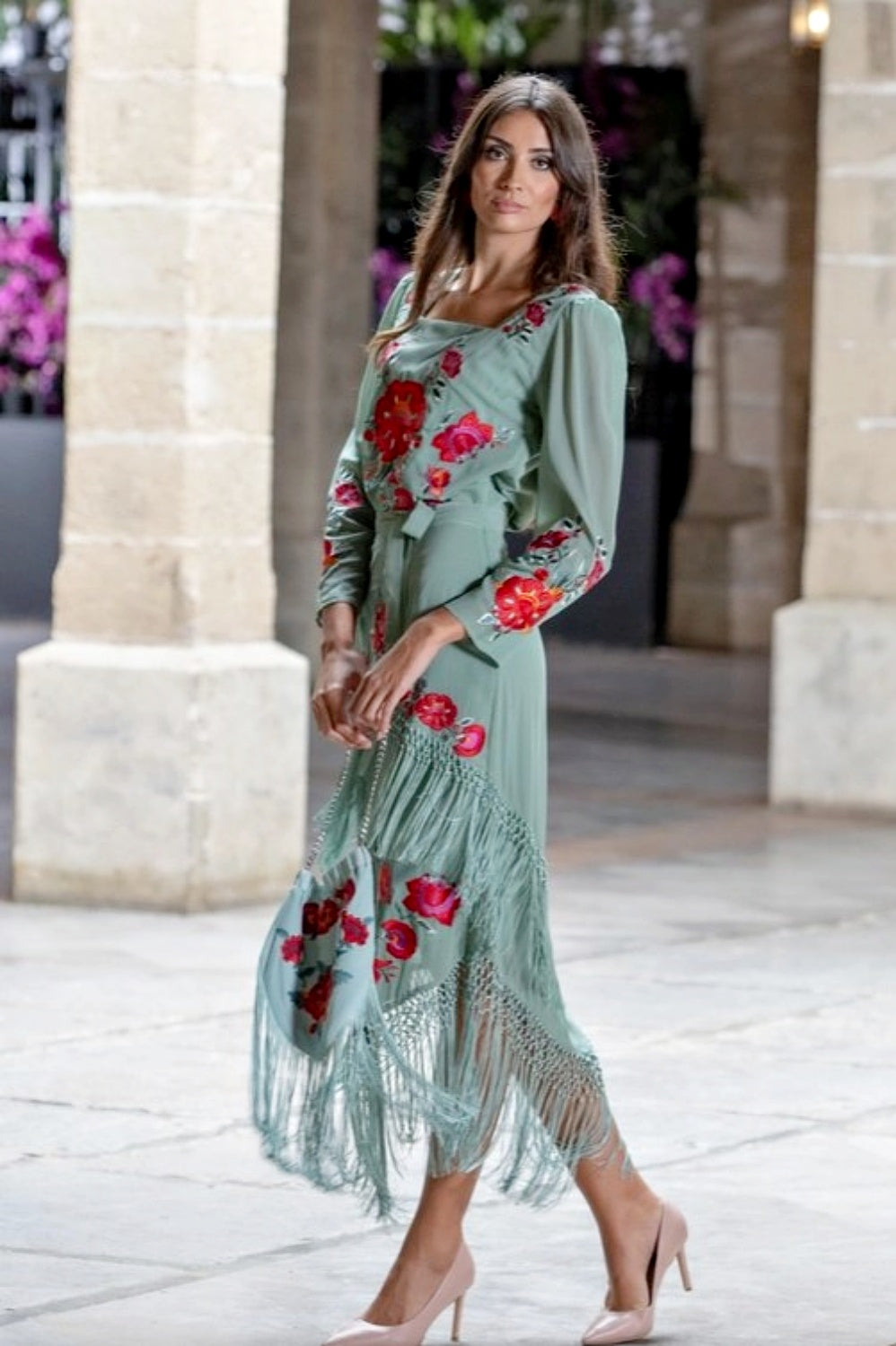 KAHYRA FLORENCE FRINGED SKIRT SAGE GREEN