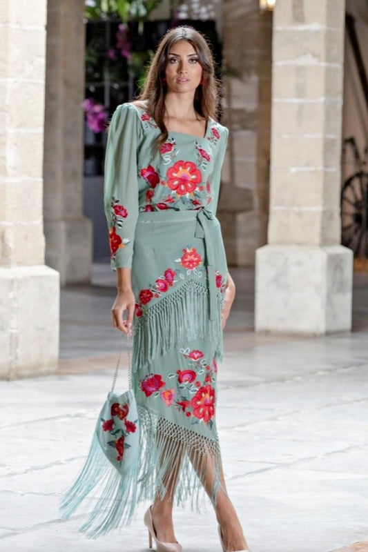 KAHYRA FLORENCE FRINGED SKIRT SAGE GREEN