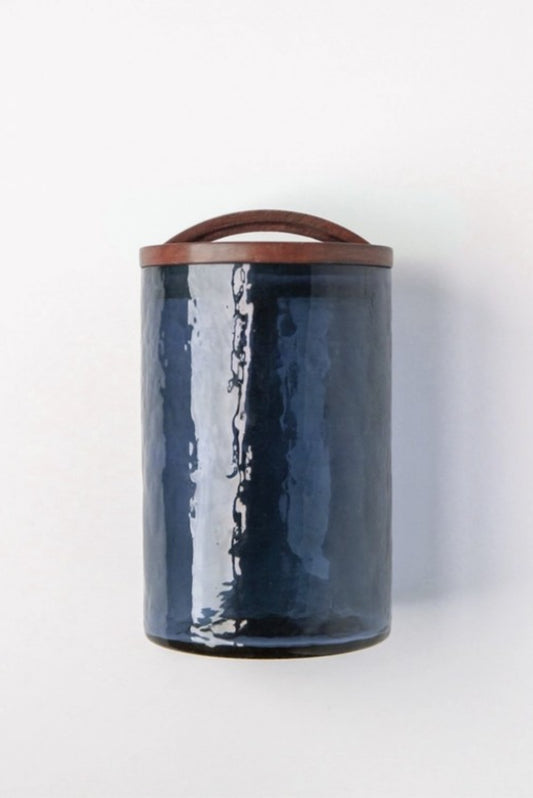 CREATIVE WOMEN HANDBLOWN HAMMERED GLASS CANISTER BLUE