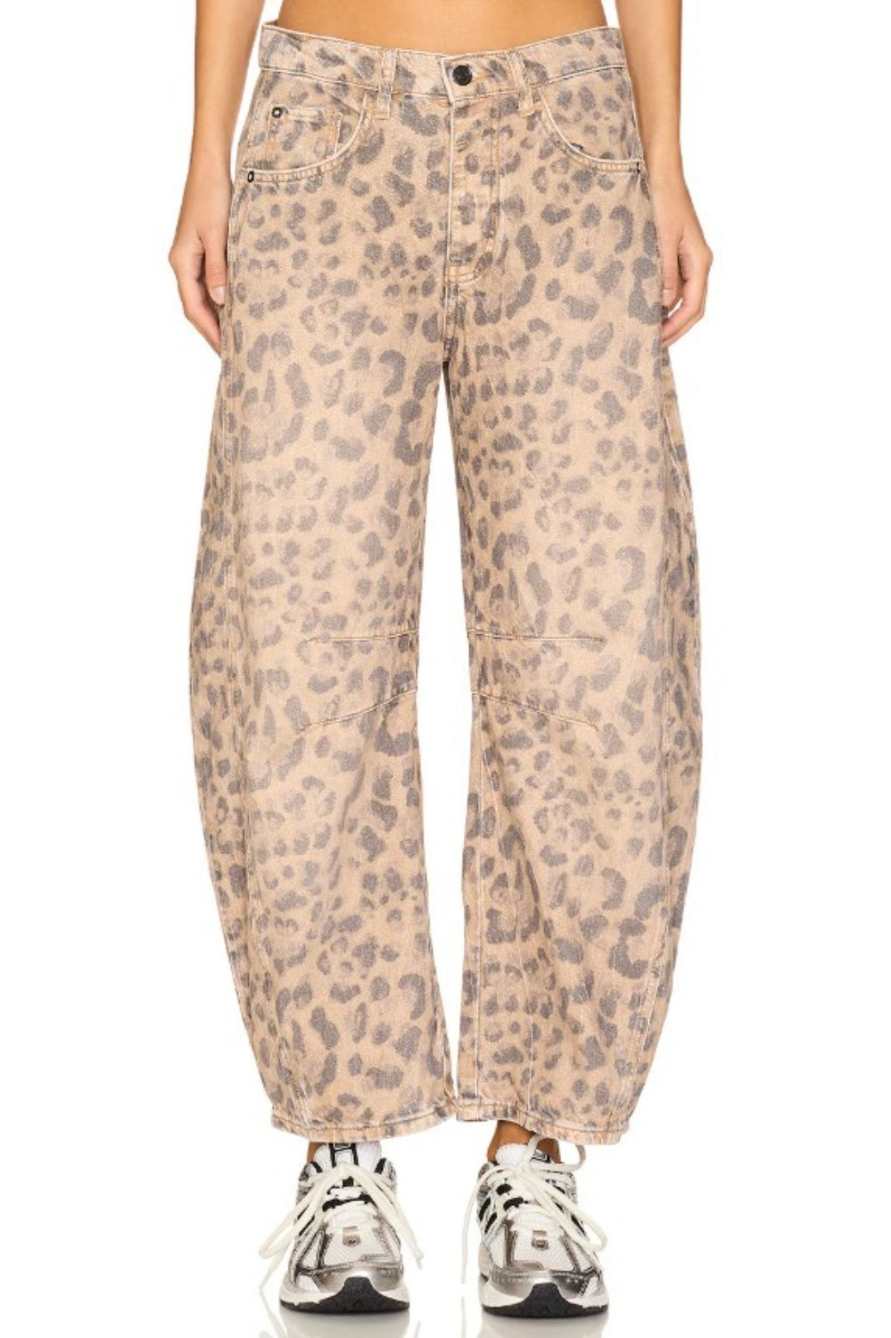 FREE PEOPLE GOOD LUCK PRINTED BARREL JEAN LEOPARD