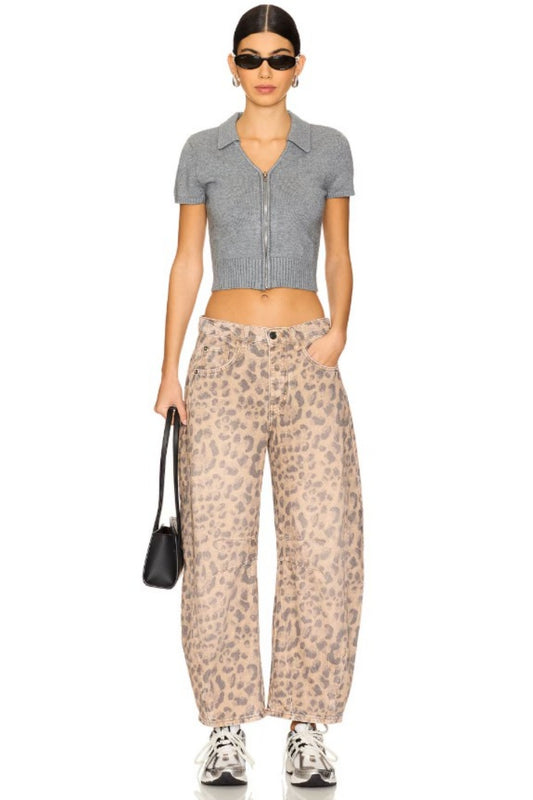 FREE PEOPLE GOOD LUCK PRINTED BARREL JEAN LEOPARD