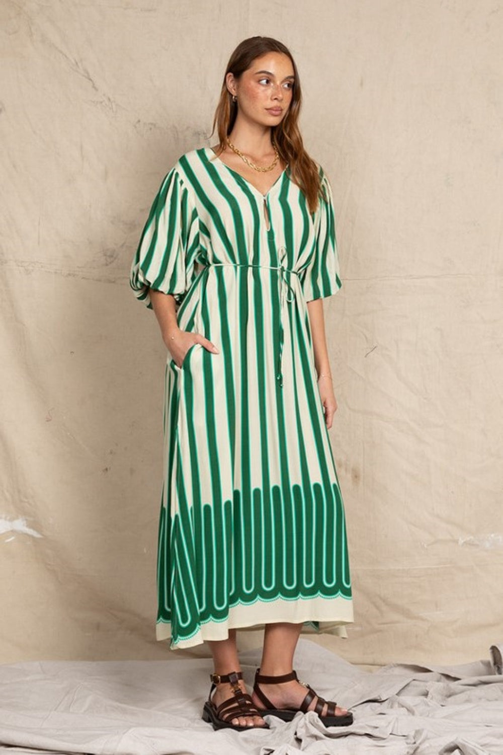 BOHEMIAN TRADERS PUFF SLEEVE GYPSY DRESS STRIPE